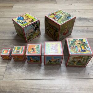 Vintage German Nesting Blocks Set 7 Wood Stacking Cubes Animal Nursery Rhyme Art